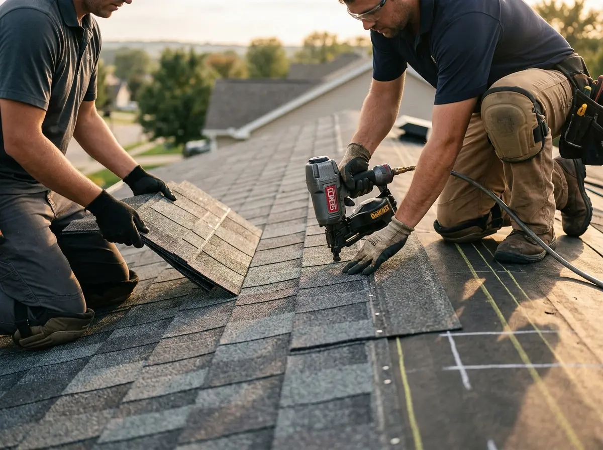 Professional roofer working on a residential roof in Bennington